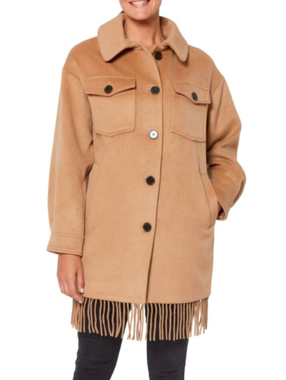 SANCTUARY Womens Fringe Wool Blend Coat Small Tan Camel Wool Blend NWT